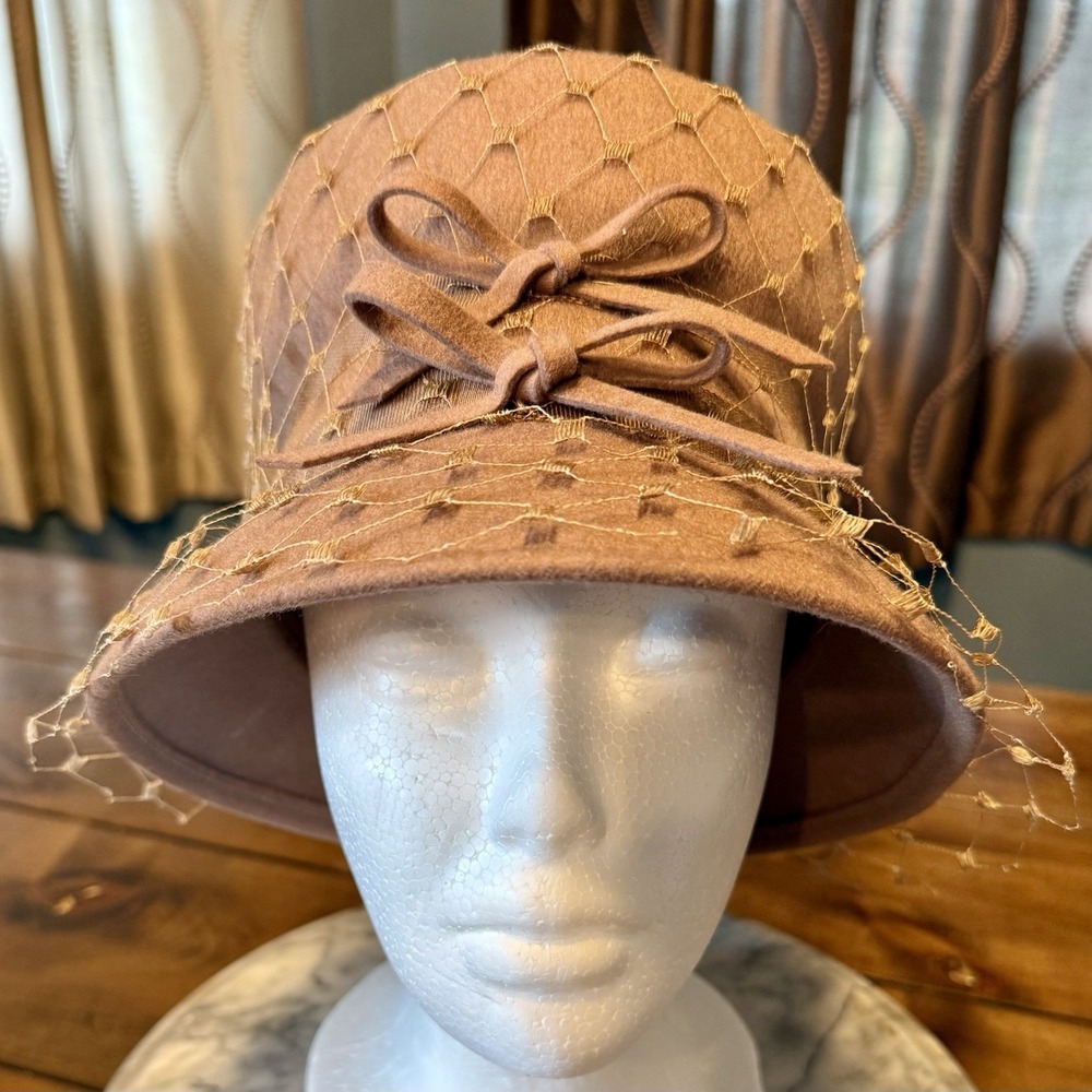 VTG 1950s 50s MCM Glenover Women Brown Bow & Netting Felt Wool Bucket Hat Cap